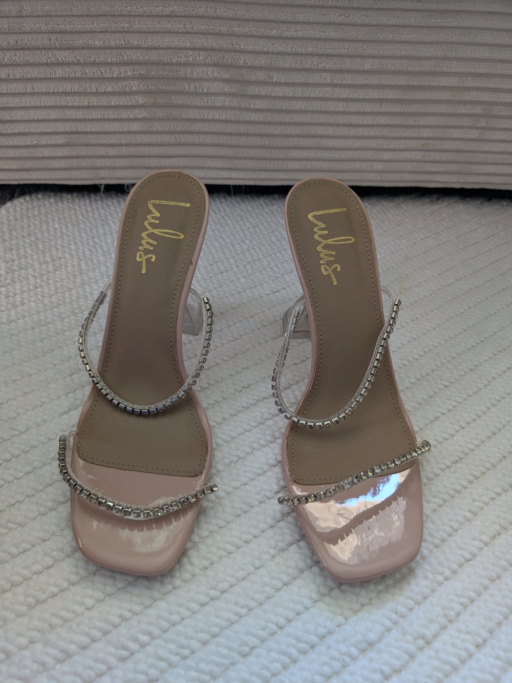 Lulu's Pale Pink Patent Slide Heels with Rhinestone Straps